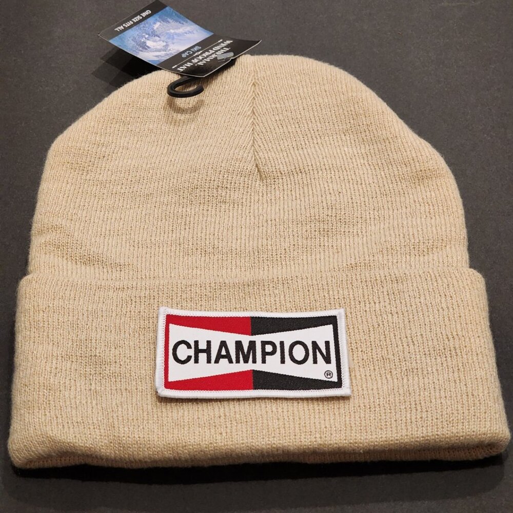 Champion Patched Knit Cuffed Beanie in Beige
